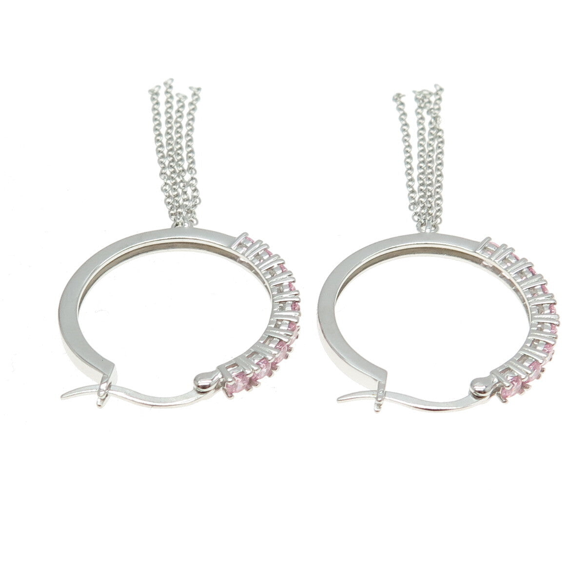 925 Sterling Silver Round-Cut Pink C Z Tassel Hoop Earrings