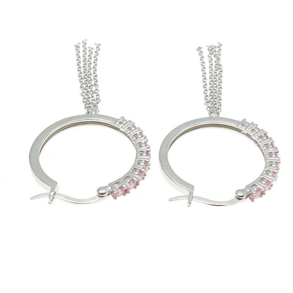 925 Sterling Silver Round-Cut Pink C Z Tassel Hoop Earrings