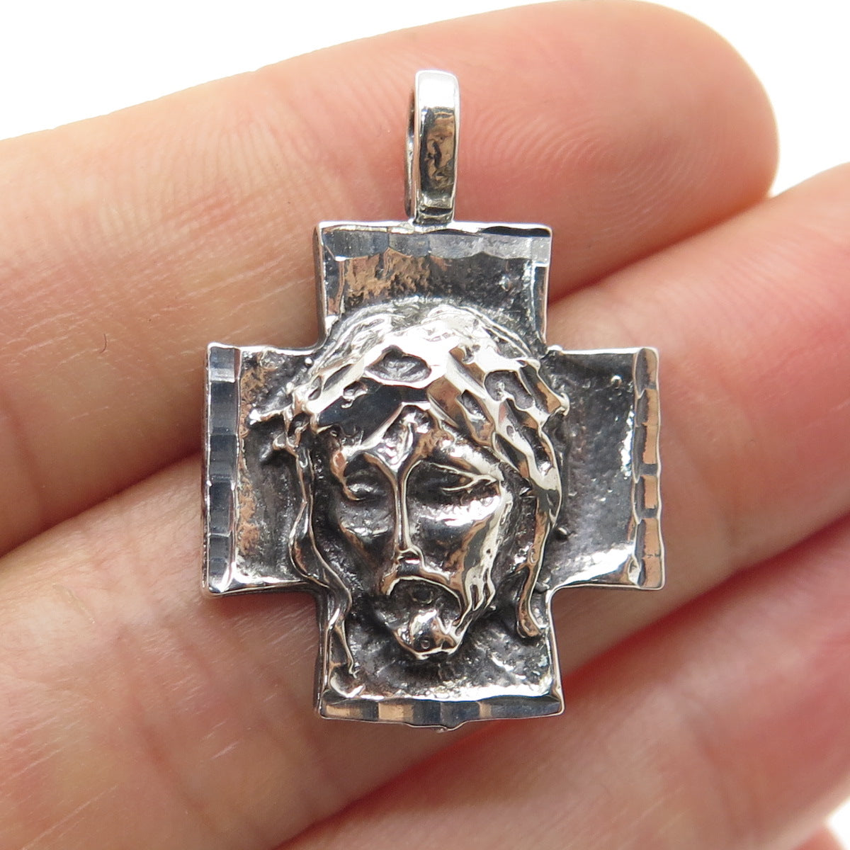 925 Sterling Silver Vintage Jesus Cross Religious Oxidized Pendant