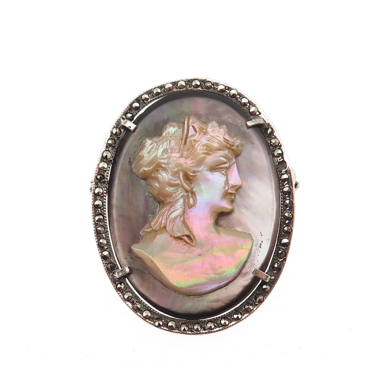 900 Silver Antique Real MOP & Marcasite Lady Cameo Pin Pendant (missing 1 stone)