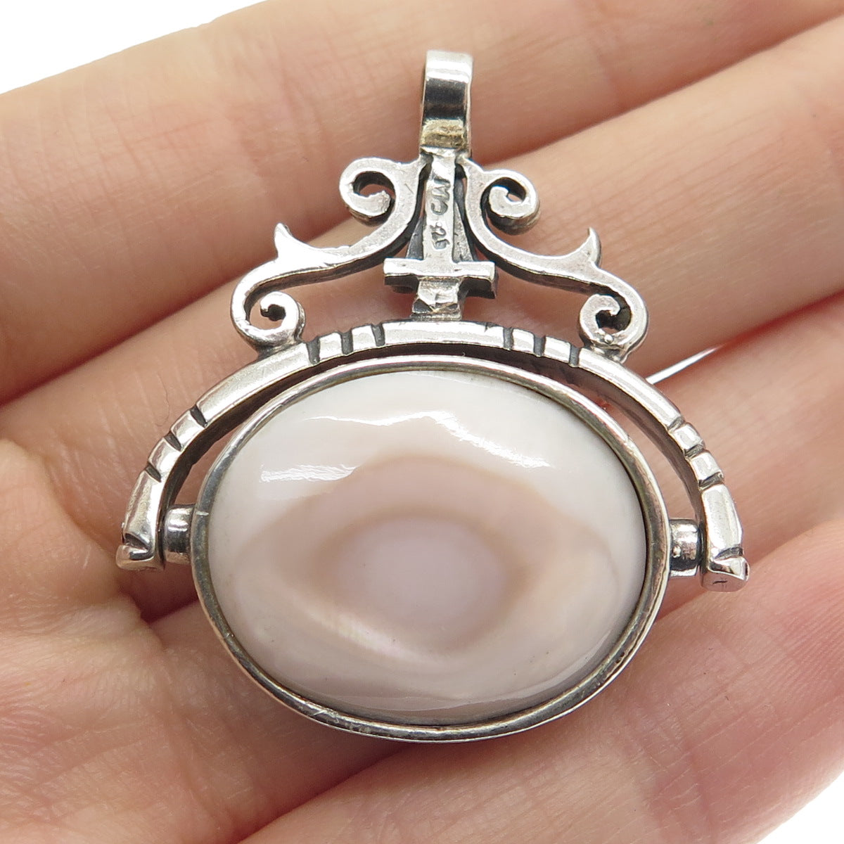 925 Sterling Silver Vintage Mother-of-Pearl & Black Onyx Gem Reversible Pendant