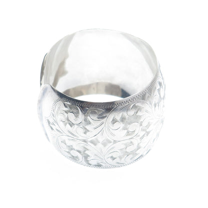 950 Silver Antique Japan Engraved Floral Leaf Adjustable Wide Cuff Bracelet 6.5"