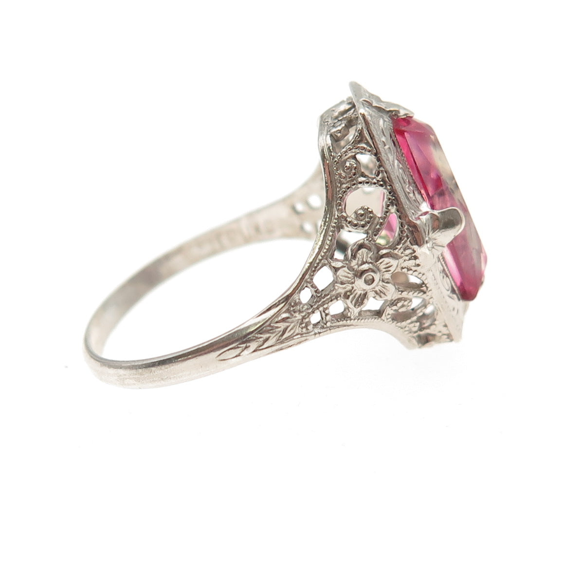 925 Sterling Silver Antique Art Deco Pink Rhinestone Ring Size 7.25