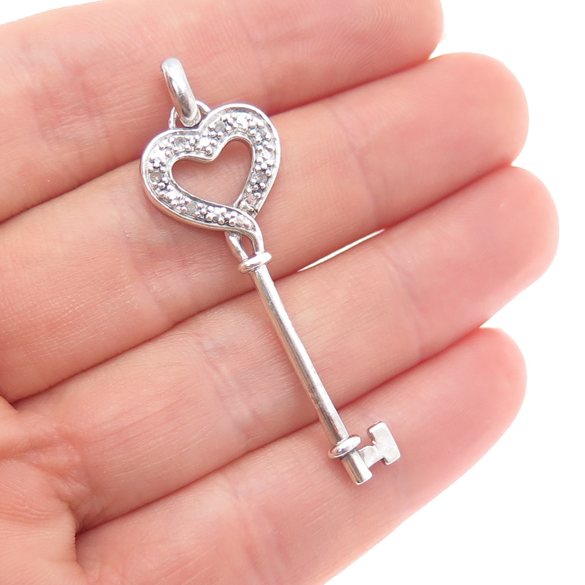 925 Sterling Silver Real Round-Cut Diamond Heart Key Charm Pendant