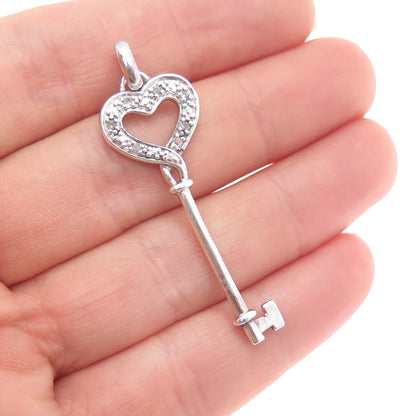 925 Sterling Silver Real Round-Cut Diamond Heart Key Charm Pendant