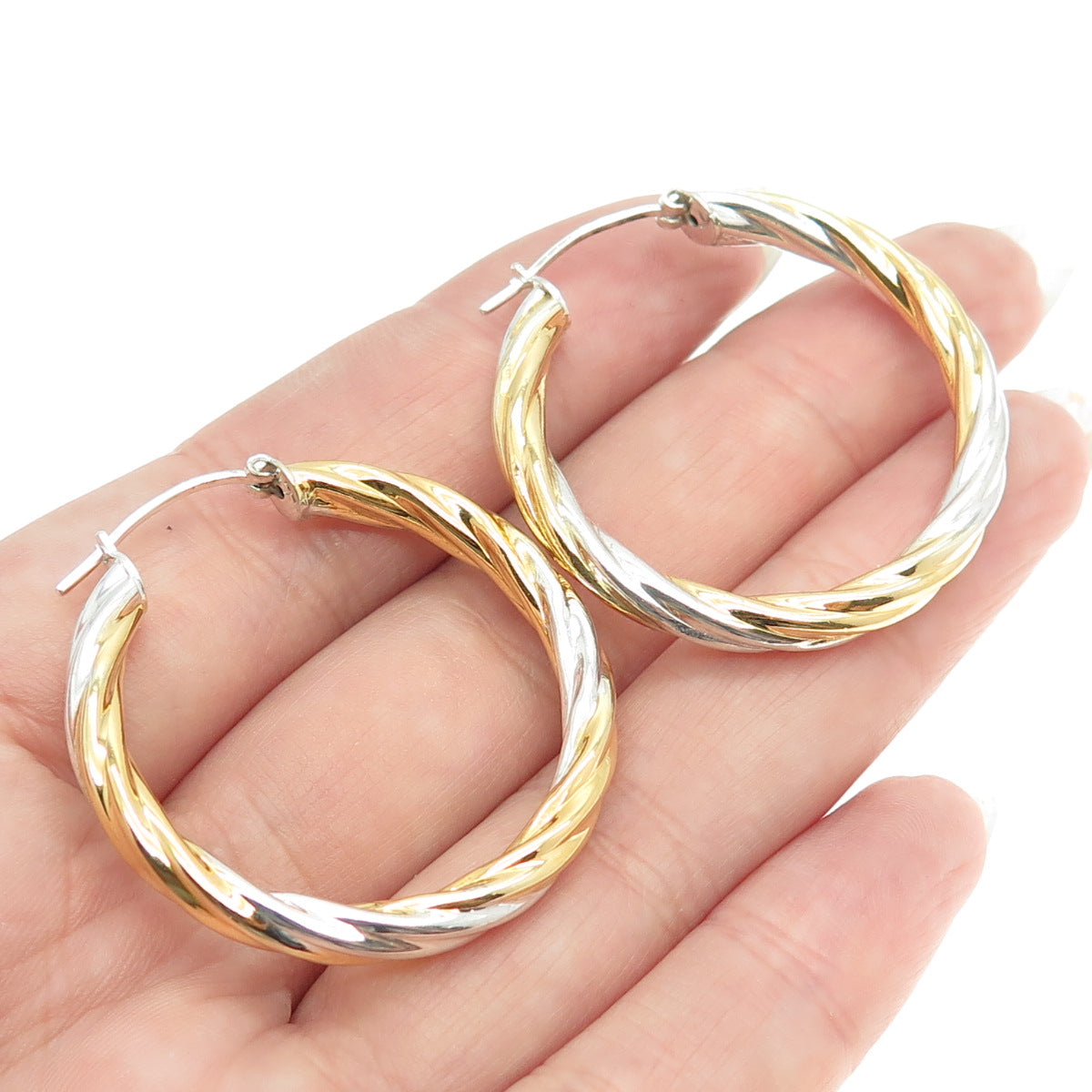 925 Sterling Silver 2-Tone Italy Twisted Rope Hoop Earrings