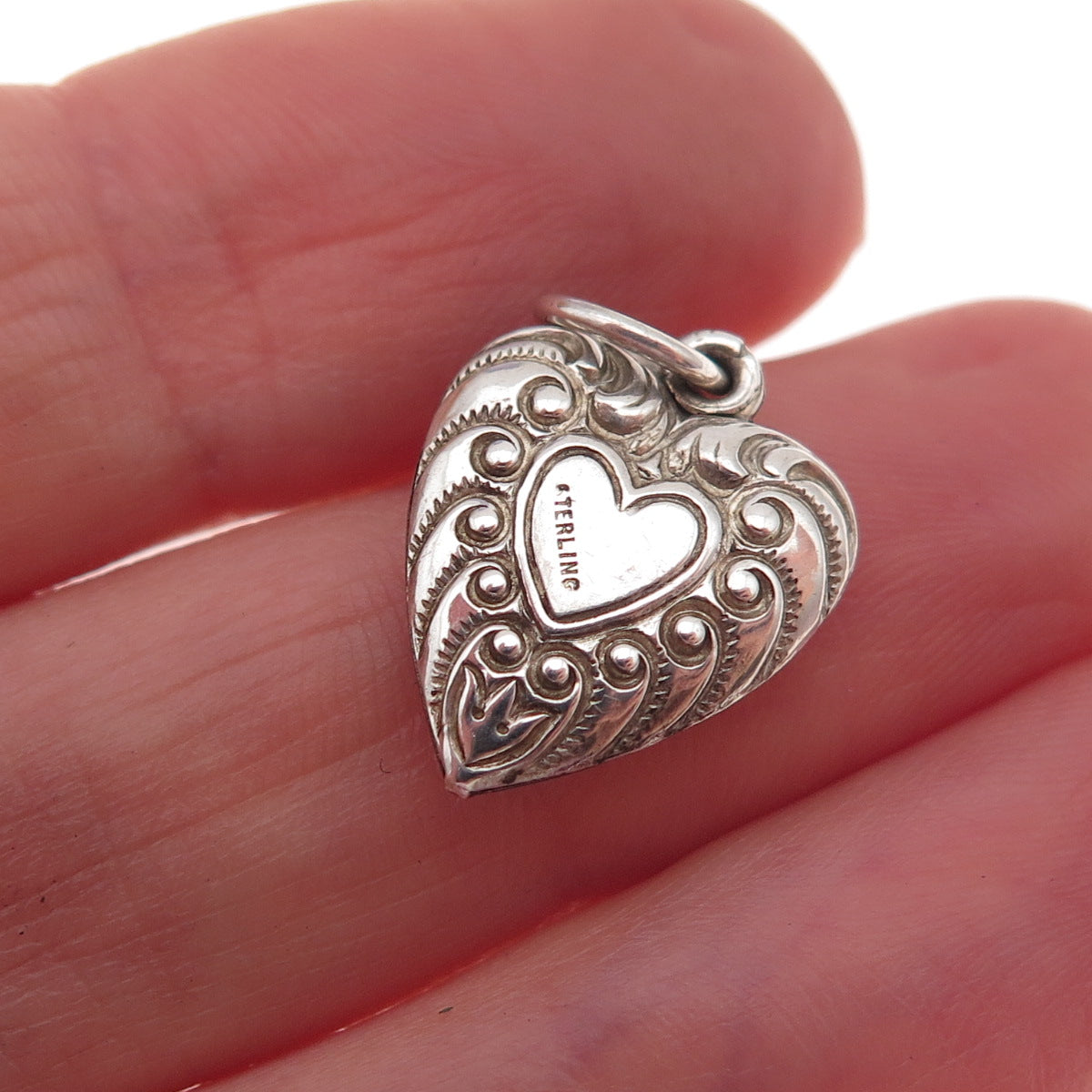 925 Sterling Silver Antique Art Deco Engraved Heart Chatelaine Charm Pendant