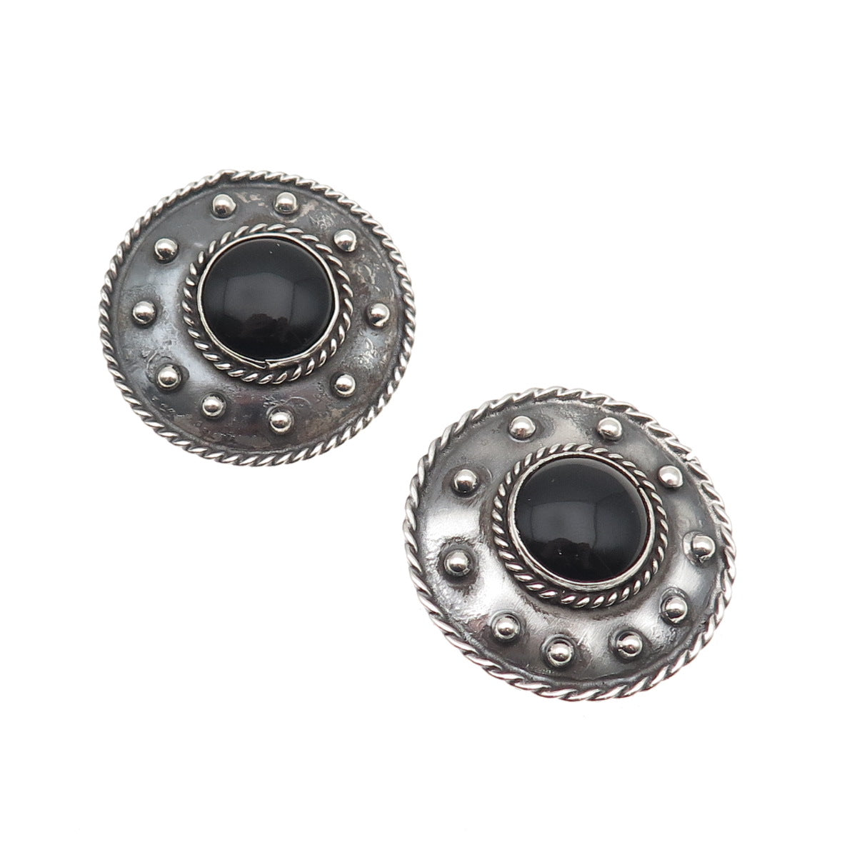 925 Sterling Silver Vintage Mexico Real Black Onyx Oxidized Clip On Earrings