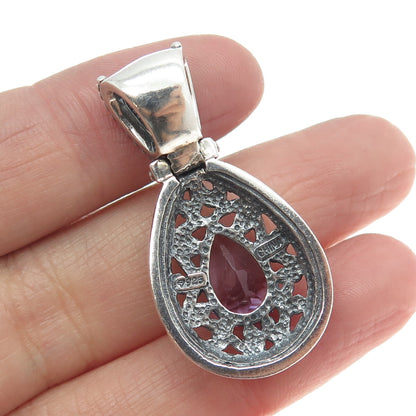 925 Sterling Silver Vintage Real Pear-Cut Amethyst Ornate Drop Pendant