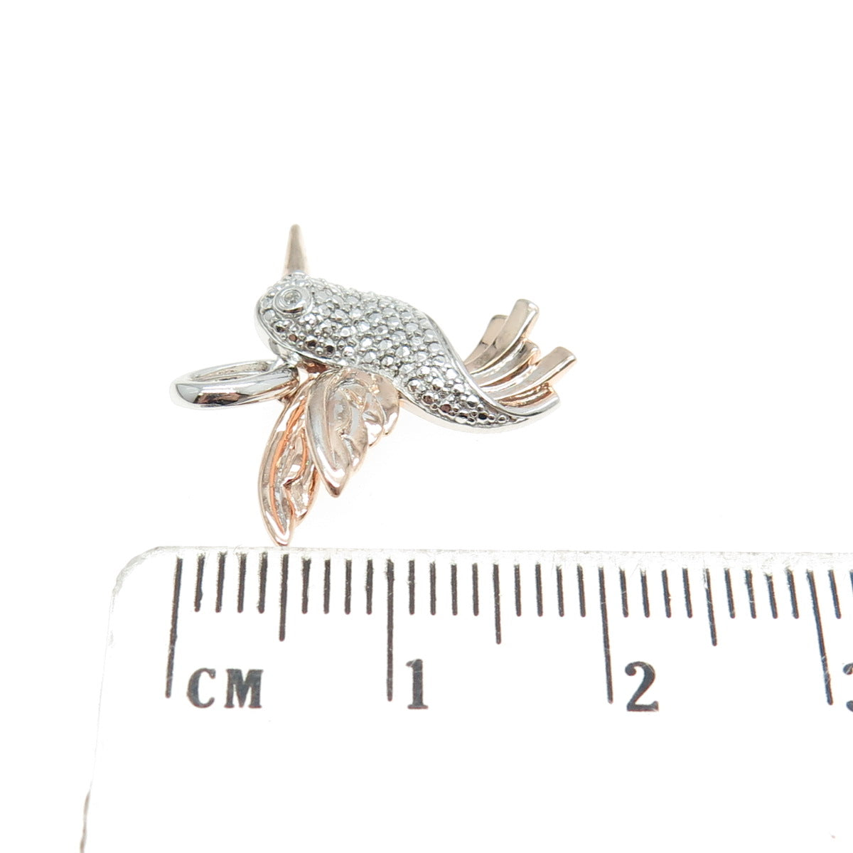 SAI 925 Sterling Silver Rose Gold Plated Real Round Diamond Hummingbird Pendant