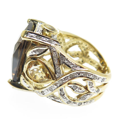 925 Sterling Silver Gold Plated Real Diamond Smoky Quartz & Citrine Ring Size 7