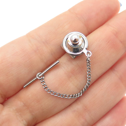 CROWN 925 Sterling Silver Vintage Real Hematite Safety Chain Tie Tack Lapel Pin