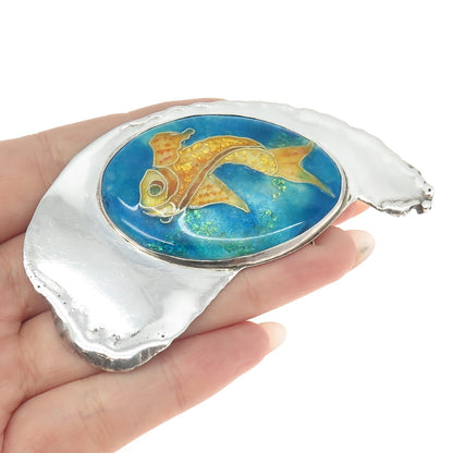 SHOSHANA 925 Sterling Silver Vintage 1989 Enamel Modernist Fish Brooch