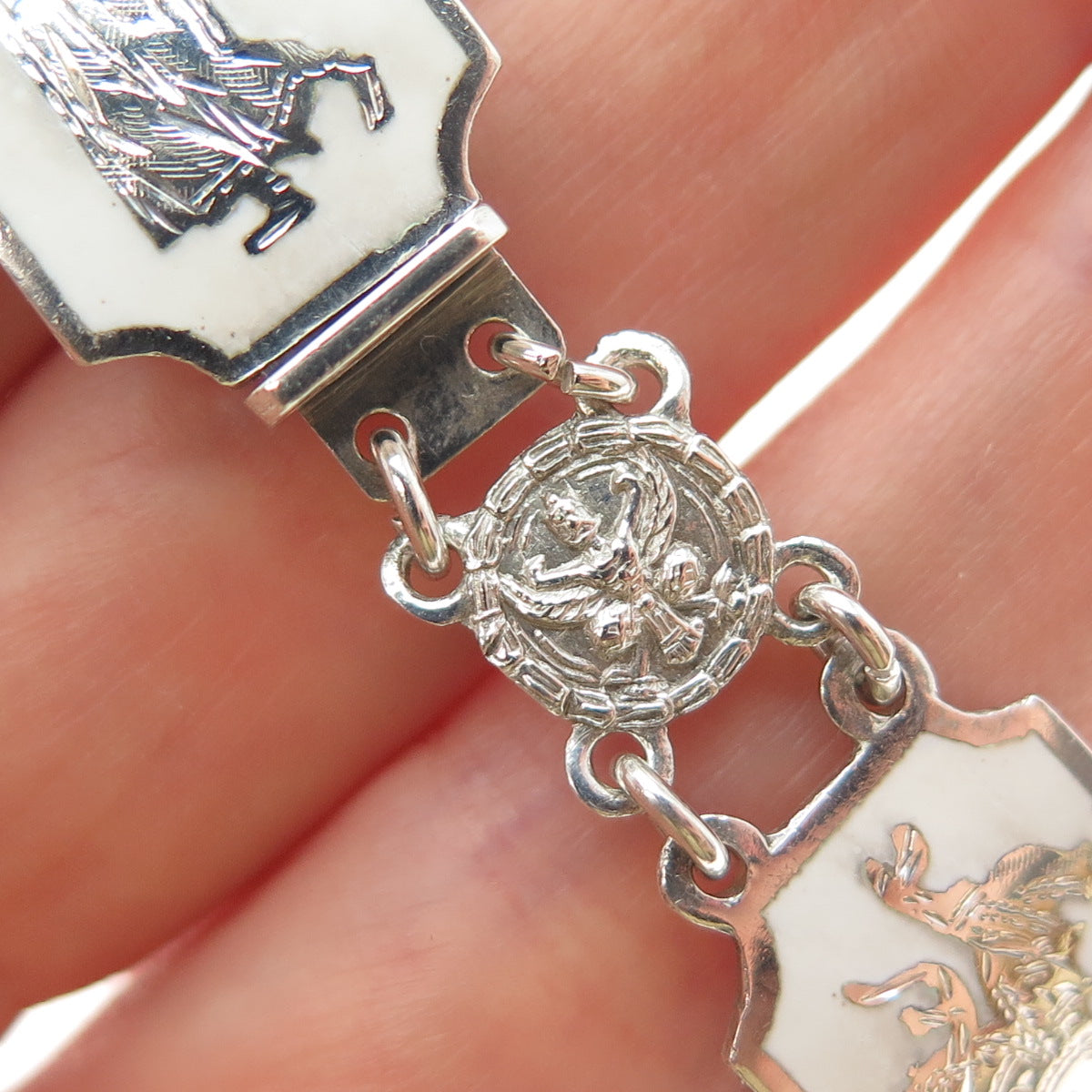 925 Sterling Silver Antique Enamel Siam Hindu Goddess Panel Link Bracelet 7.5"