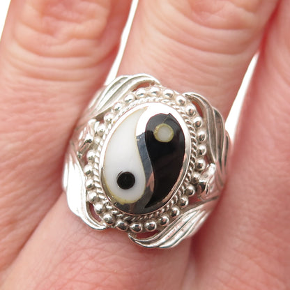 925 Sterling Silver Vintage Real Black & White Onyx Yin Yang Ring Size 10.25