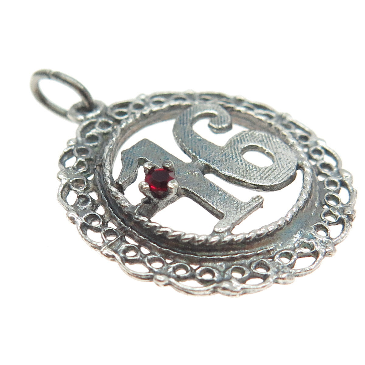 925 Sterling Silver Vintage Red Glass Sweet 16 Ornate Pendant