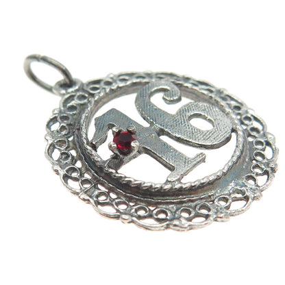 925 Sterling Silver Vintage Red Glass Sweet 16 Ornate Pendant