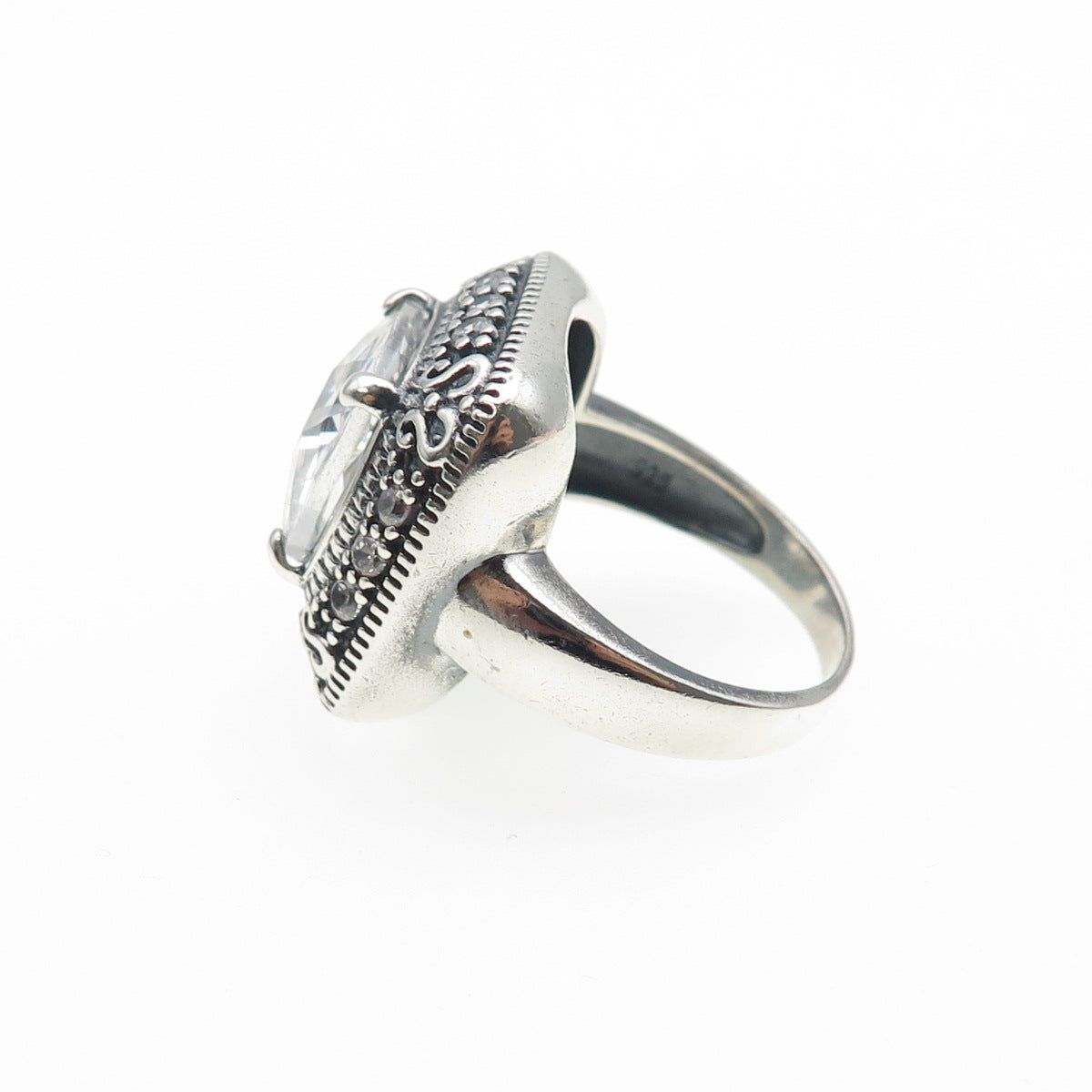 925 Sterling Vintage Cushion & Round-Cut C Z Swirl Oxidized Ring Size 8.25