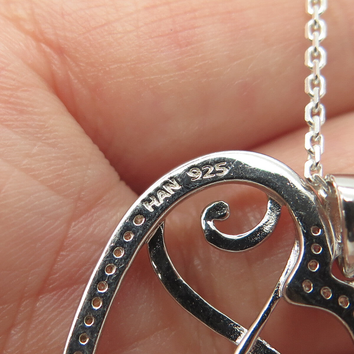 HAN 925 Sterling Silver Italy White C Z Infinity Heart Cable Chain Necklace 16"