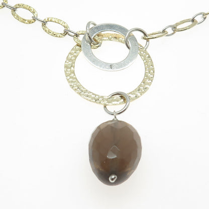 925 Sterling Silver 2-Tone Vintage Italy Real Smoky Quartz Chain Necklace 18"