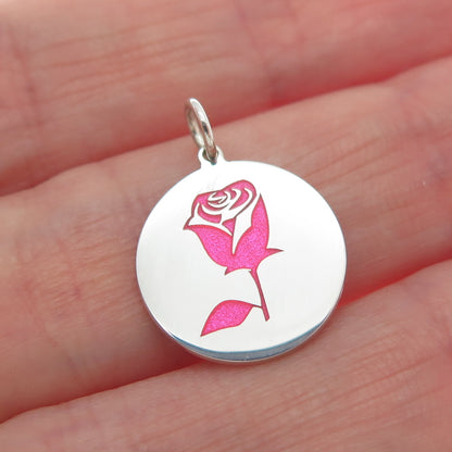 925 Sterling Silver Pink Enamel Rose Flower Round Tag Minimalist Charm Pendant