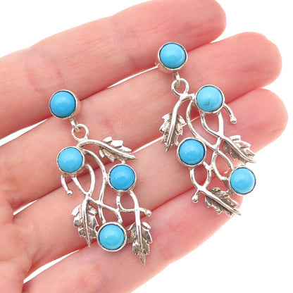 925 Sterling Vintage Real Sleeping Beauty Turquoise Floral Leaf Dangle Earrings