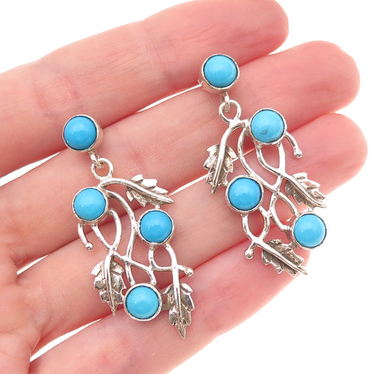 925 Sterling Vintage Real Sleeping Beauty Turquoise Floral Leaf Dangle Earrings