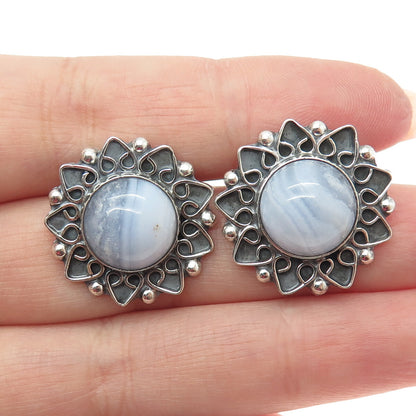 925 Sterling Silver Vintage CII Mexico Blue Lace Agate Floral Oxidized Earrings
