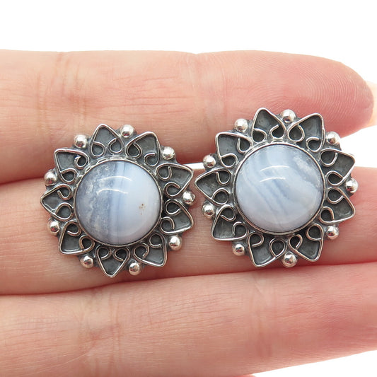 925 Sterling Silver Vintage CII Mexico Blue Lace Agate Floral Oxidized Earrings