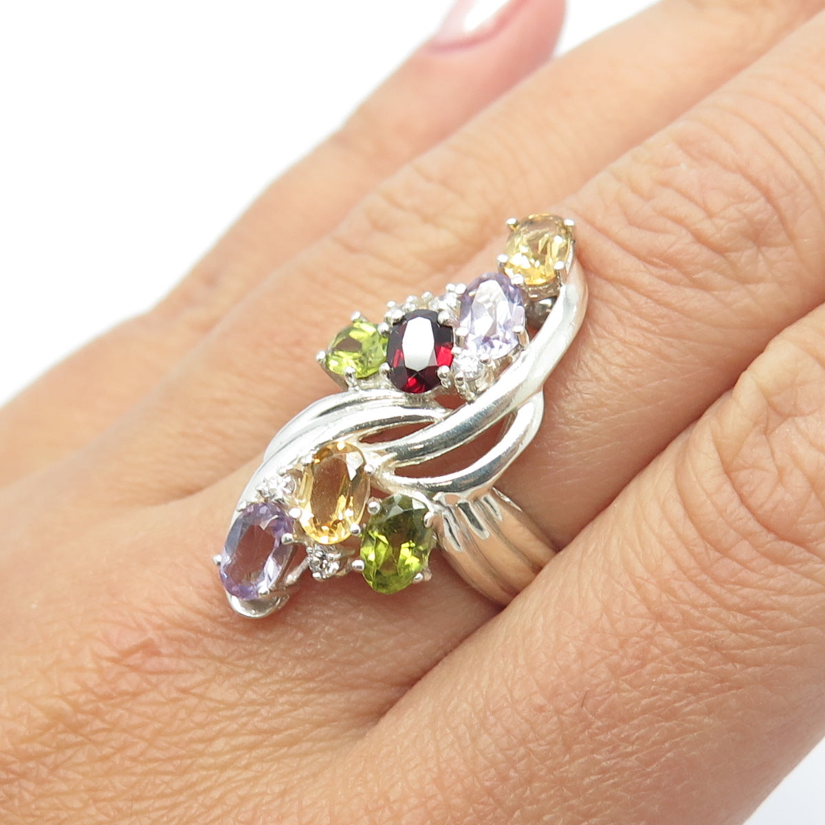 925 Sterling Silver Vintage Amethyst Citrine Peridot Garnet Gem Ring Size 6.75