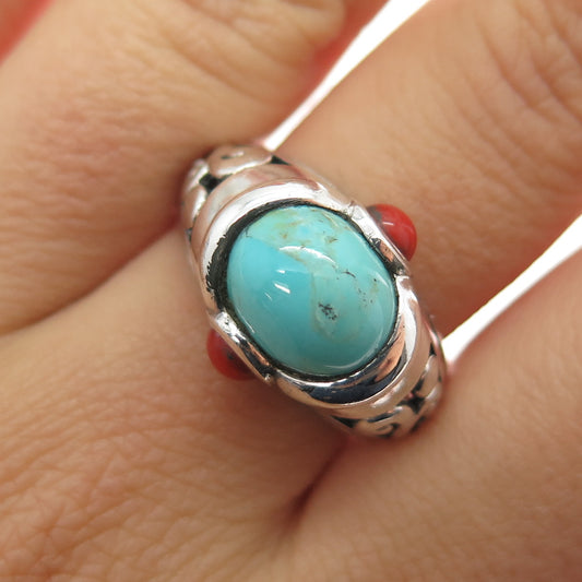 SX SALLY C 925 Sterling Silver Vintage Real Turquoise & Coral Ring Size 8.75