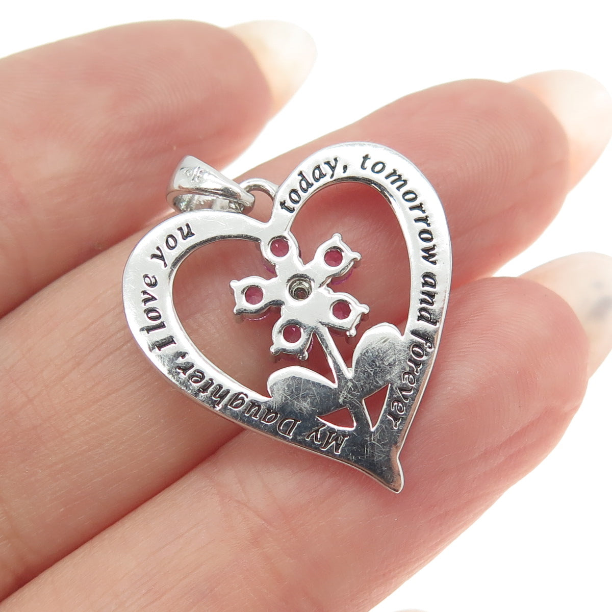 925 Sterling Silver Real White Diamond & Pink Sapphire Gem Heart Floral Pendant