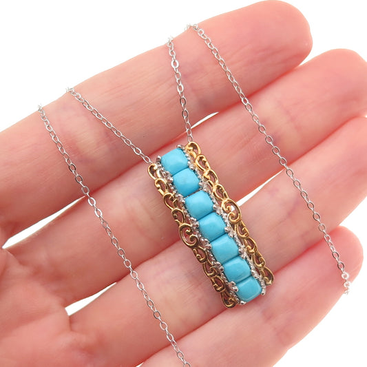 Chuck Clemency 925 Sterling Silver 2-Tone Real Turquoise Chain Necklace 20"
