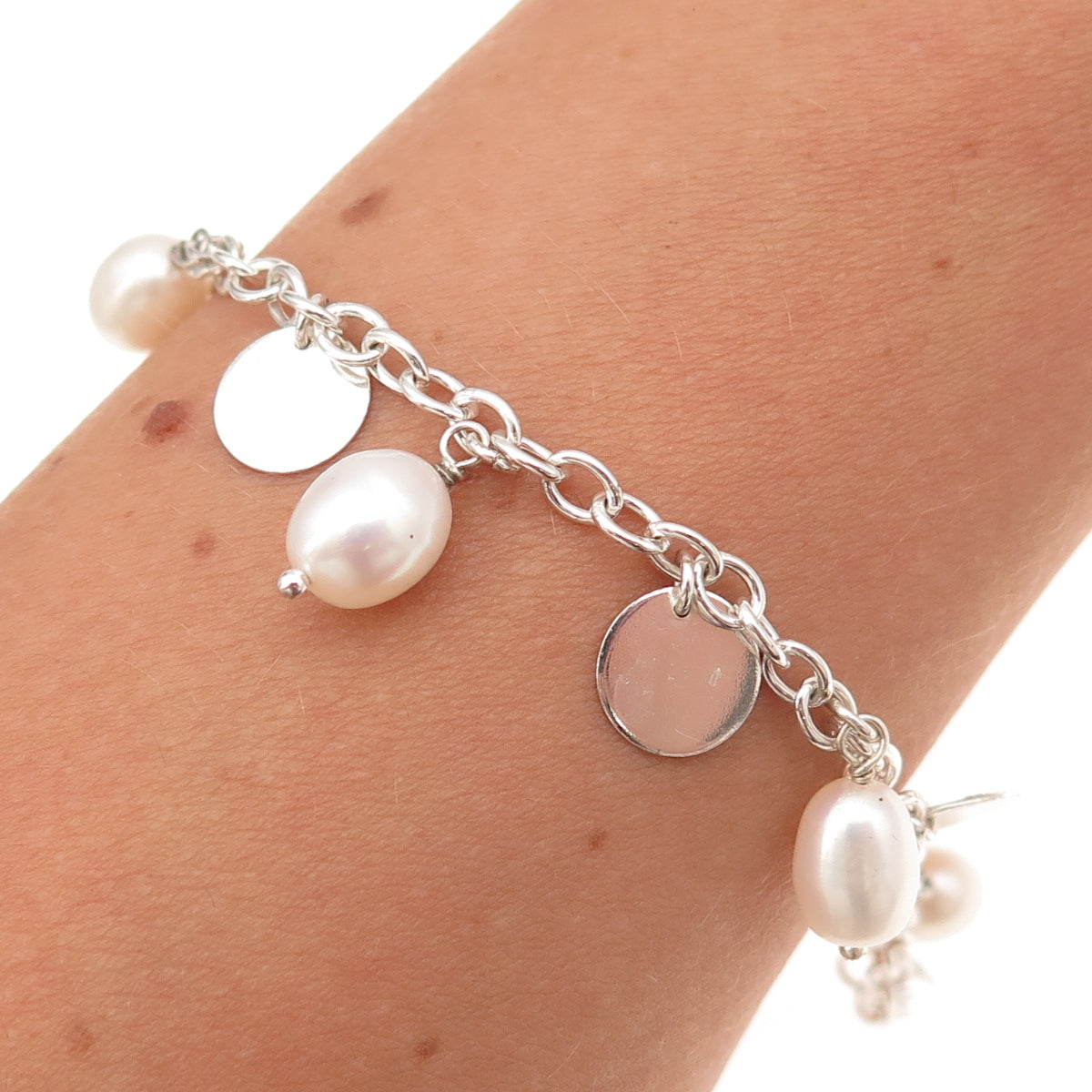 925 Sterling Silver Real Pearl Dangle Disc Charm Cable Link Bracelet 7"