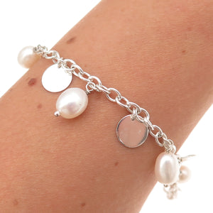 925 Sterling Silver Real Pearl Dangle Disc Charm Cable Link Bracelet 7"