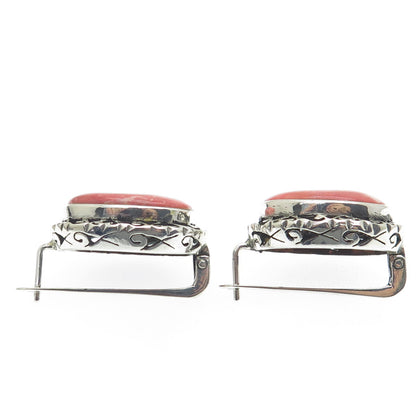 925 Sterling Silver Vintage Real Rhodochrosite Gem Ornate Frame Earrings