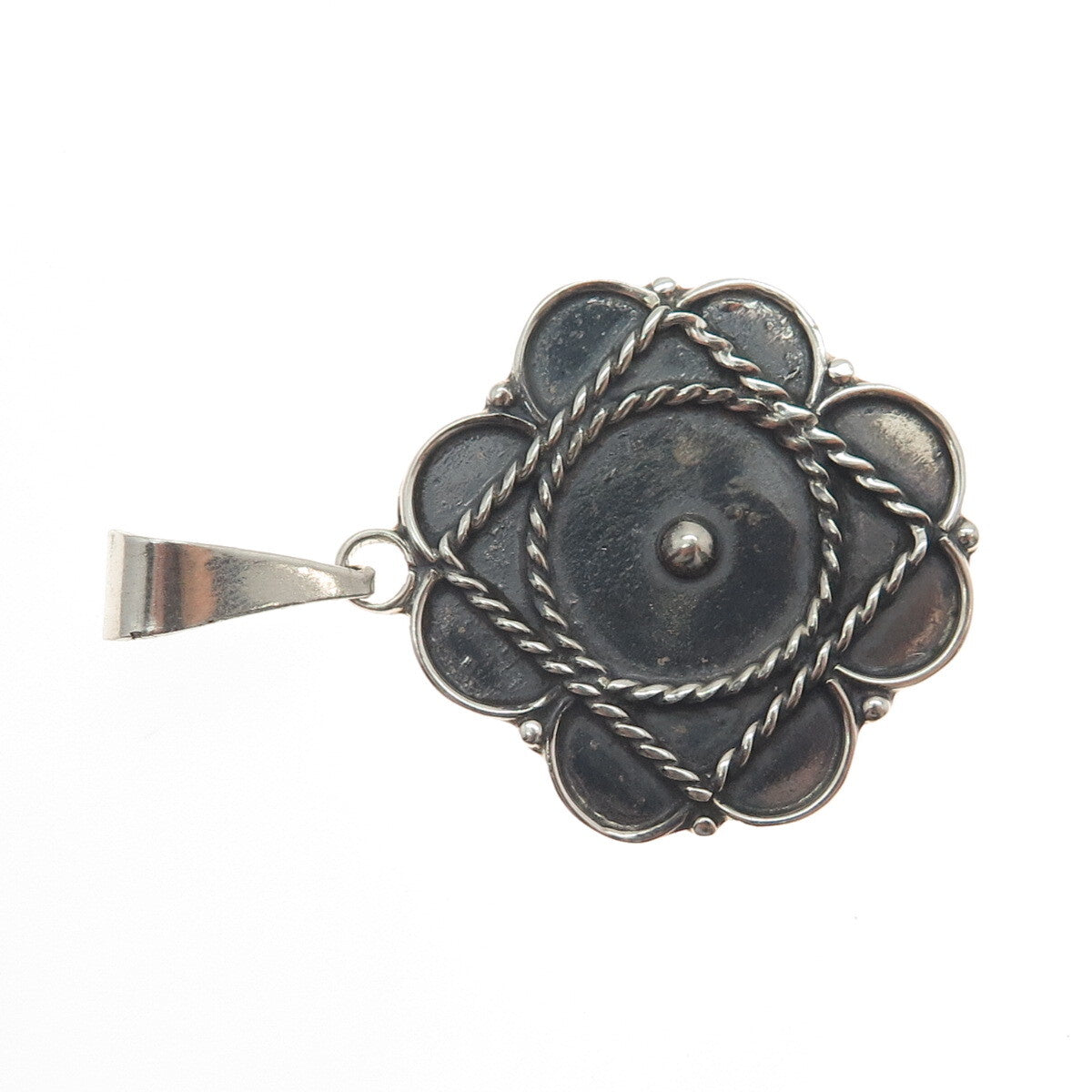 925 Sterling Silver Vintage Mexico Modernist Flower Oxidized Pendant