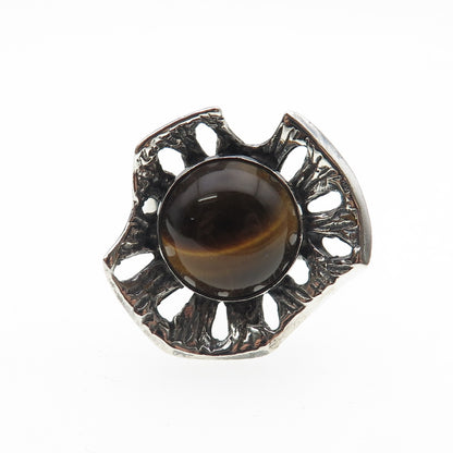 925 Sterling Vintage Israel Real Tiger Eye Modernist Adjustable Ring Size 7.75
