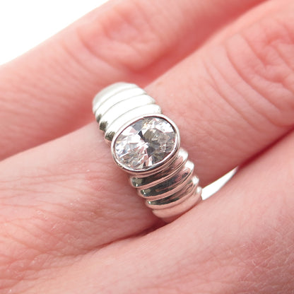 925 Sterling Silver Vintage Oval-Cut C Z Ribbed Ring Size 6