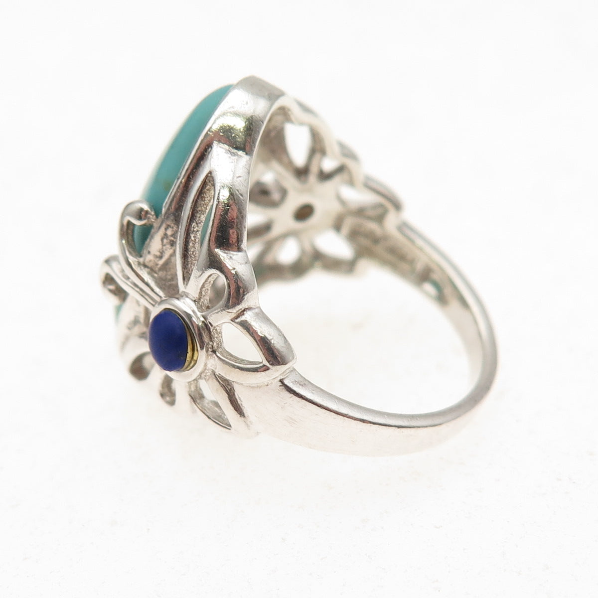 925 Sterling Silver Vintage Real Turquoise & Lapis Butterfly Ring Size 6