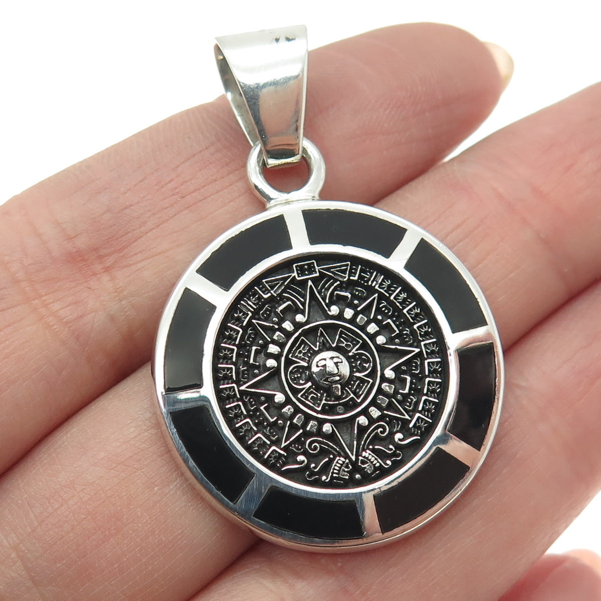 925 Sterling Silver Vintage Mexico Real Black Onyx Mayan Calendar Pendant