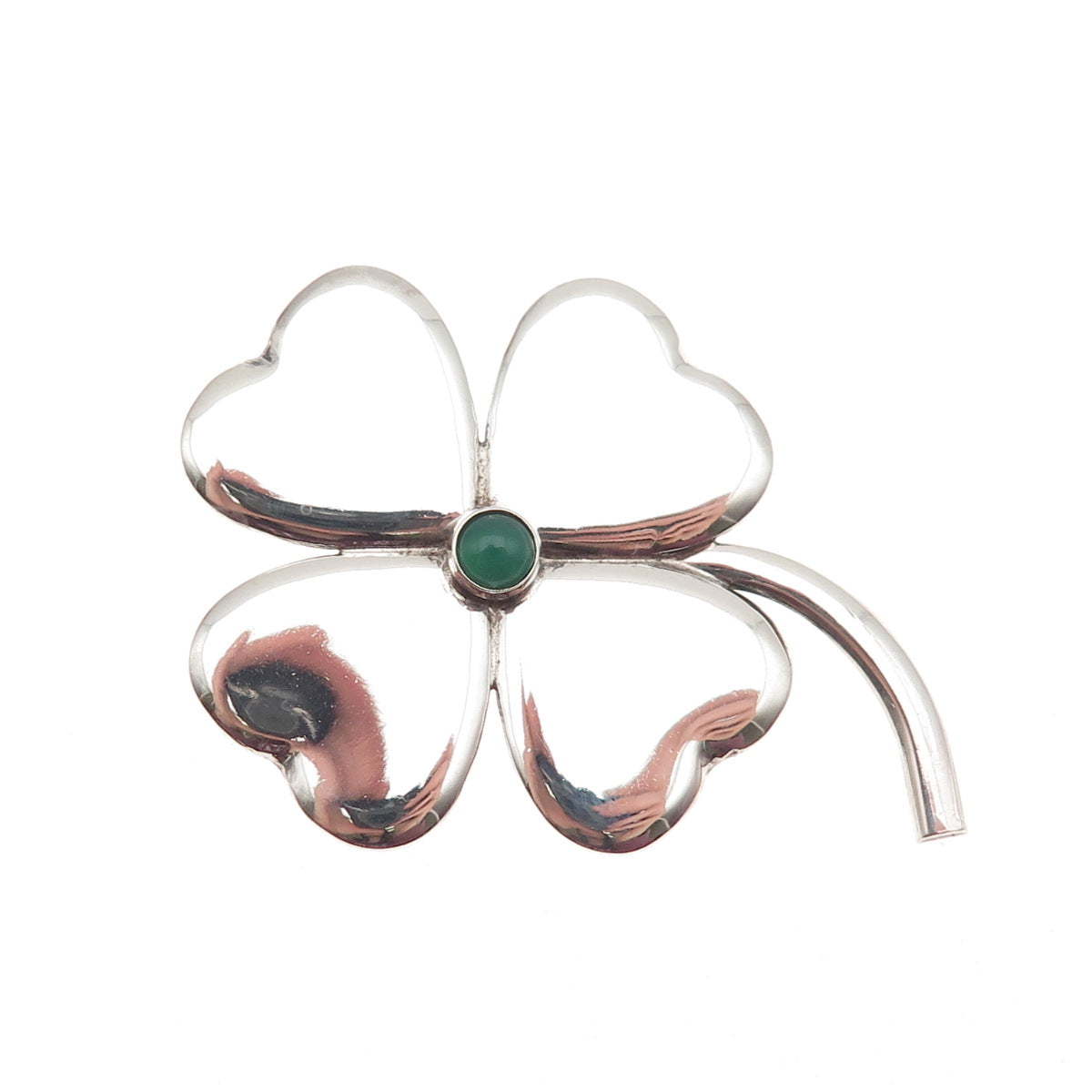 925 Sterling Silver Vintage Real Green Onyx Clover Good Luck Pin Brooch