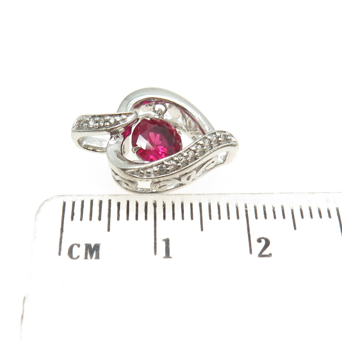 925 Sterling Silver Real White Topaz Gemstone & Lab-Created Ruby Heart Pendant