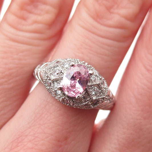 925 Sterling Silver Oval-Cut Pink & Round-Cut White C Z Ring Size 6.25