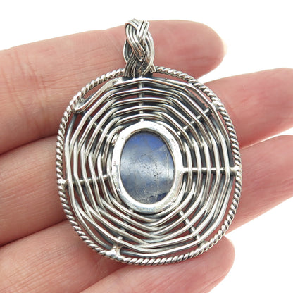 925 Sterling Silver Vintage Real Labradorite Modernist Wicker Oxidized Pendant