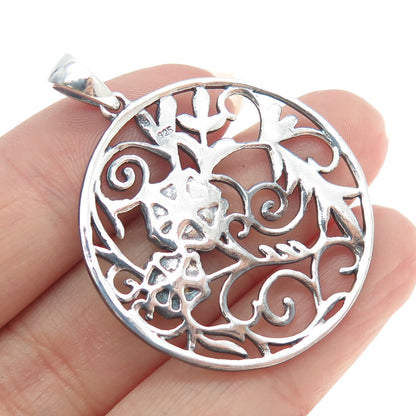 925 Sterling Silver Vintage Floral Ornate Round Pendant