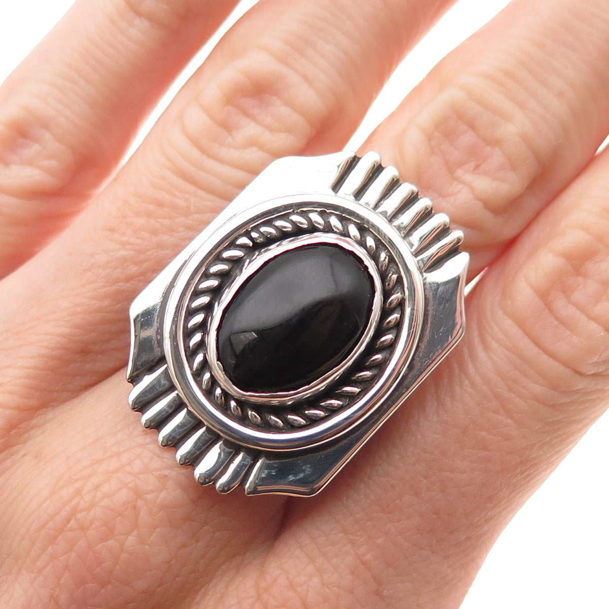 Jefferson Lee Navajo Old Pawn Sterling Silver Vintage Black Onyx Ring Size 7.5