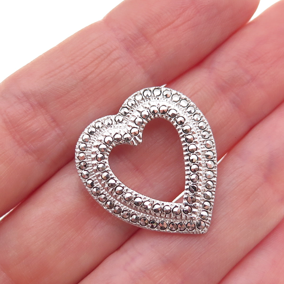925 Sterling Silver Antique Art Deco Real Marcasite Heart Slide Charm Pendant