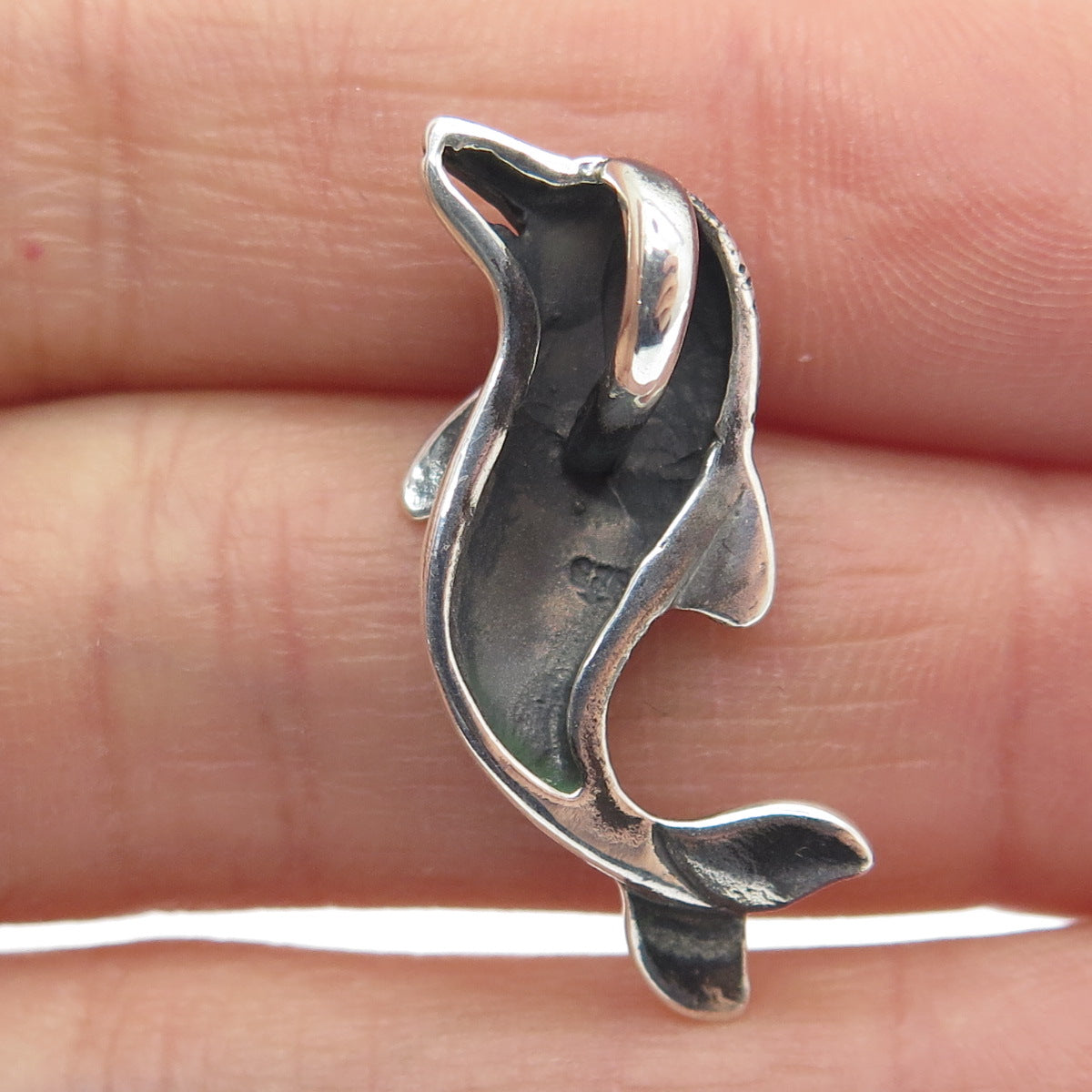 925 Sterling Silver Vintage Friendly Dolphin Oxidized Pendant