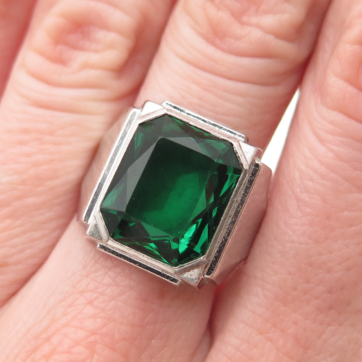 Clark & Coombs 925 Sterling Silver Antique Art Deco Green C Z Ring Size 6